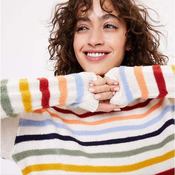 Oversized LOFT Fuzzy Striped Sweater Whipped Cream Multi New. S - Picture 13 of 14